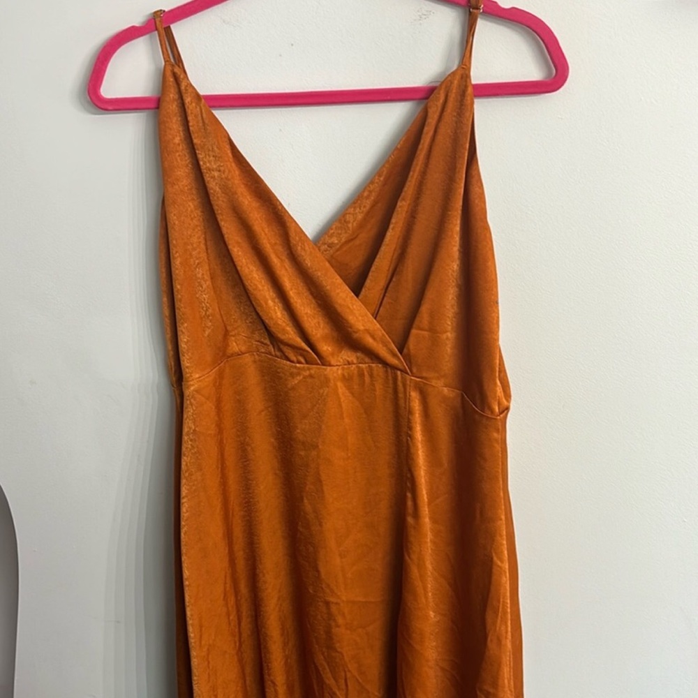 Rust Orange Slip Midi Dress with V-Neck
